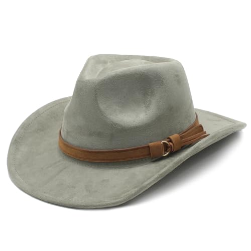 Unisex Western Suede Cowboy Cowgirl Hat Classic Wide Brim Fedora Hat for Men &Women - color: Olive