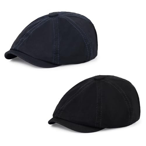 Newsboy Cap for Men Cotton 8 Panel Men's Flat Cap - color: Black+navy, size: One Size