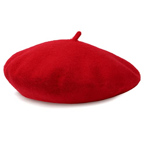 Women French Wool Beret Hats - Solid Color Classic Beanie Winter Cap - color: Red