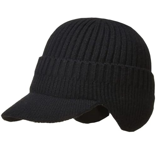 Men Warm Baseball Beanie Hat with Earflap Winter Visor Brim Knitted Caps Thicken Plush Lined Skull Ski Hat