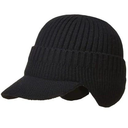 Men Warm Baseball Beanie Hat with Earflap Winter Visor Brim Knitted Caps Thicken Plush Lined Skull Ski Hat