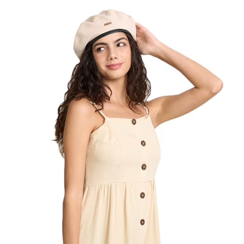 Cotton French Beret Hat for Men Women, Military Style Beret Cap with Leather Label & Drawstring, Casual Beanie - color: Khaki