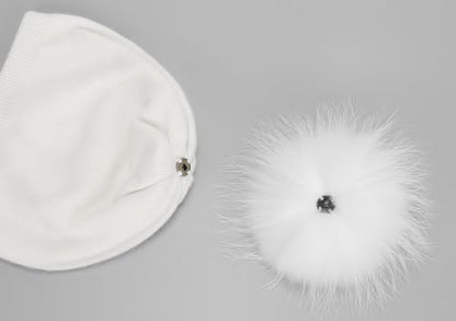 Women's Double Layer Winter Slouchy Knit Beanie Hat with Real Fur Pom Pom - color: White Pom