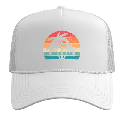 Retro Tropical Beach Palm Trees Hawaii Sunset Men Women Kids Trucker Hat with Adjustable Mesh Back - color: White