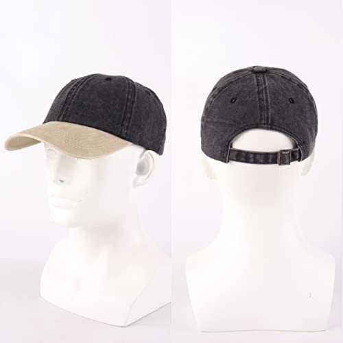 LANGZHEN Unisex Baseball Cap 100% Cotton Fits Men Women Washed Denim Adjustable Dad Hat - color: Black Mixed With Khaki