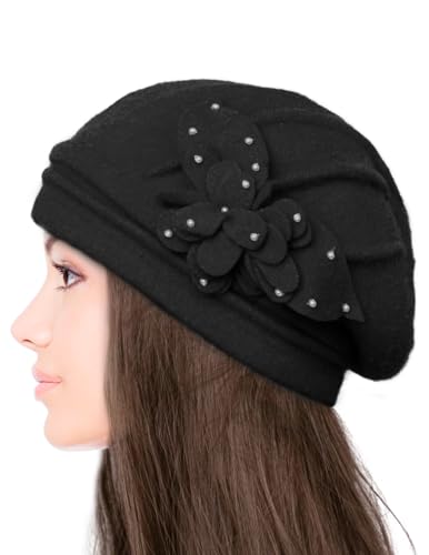 Dahlia Women's Winter Hat - Wool Cloche/Bucket Hat, Slouch, Flower - color: Black