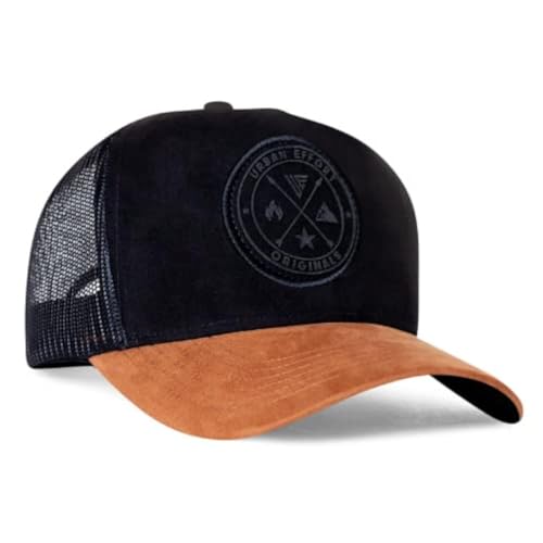 Urban Effort Trucker Hat for Men & Women, Mesh Back Baseball Cap, 5 Panel - color: Black + Brown, style: Mesh Back