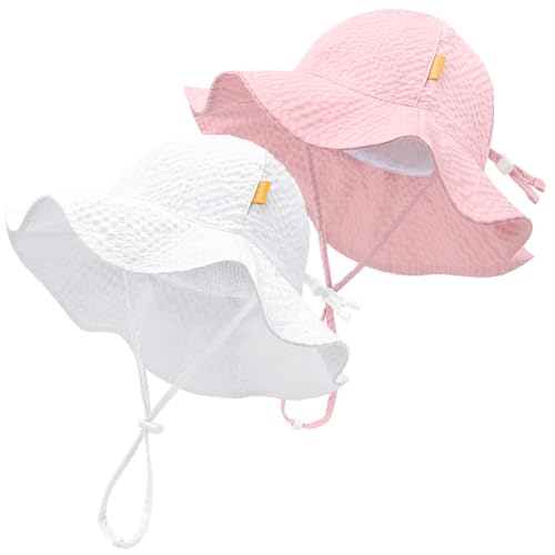 Baby Sun Hat Toddler Boy Girl Adjustable Outdoor Beach Hat Kids Wide Brim - color: White & Pink -2pcs, size: 0-6 Months