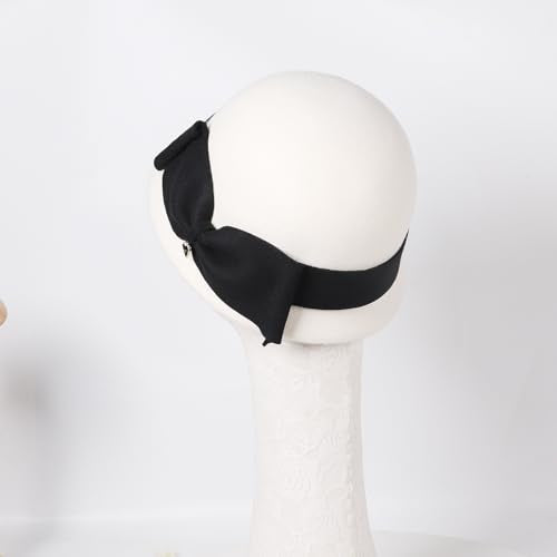 Women Solid Color 100% Wool Winter Hat Women Cloche Bucket Bowler with Bowknot - color: White With Black Bow
