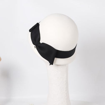 Women Solid Color 100% Wool Winter Hat Women Cloche Bucket Bowler with Bowknot - color: White With Black Bow