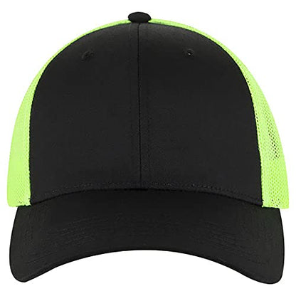 Ashen Fane 6 Panel Blend Twill Structured Low Profile Mesh Back Snapback Trucker Hat - color: Blk/Blk/N.grn