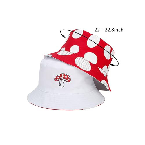 Bucket Hat for Women Men, Cotton Reversible Double Side Wear Sun Hats Beach Fisherman Hat - color: Mushroom Dots