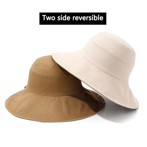 Womens Foldable Shapeable Brim Sun Hat UPF 50+ Cotton Wide Brim Beach Adjustable Chin Strap Hat Sun Protection Cap - color: Beige