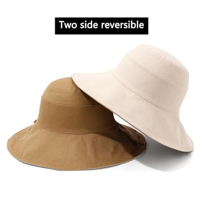 Womens Foldable Shapeable Brim Sun Hat UPF 50+ Cotton Wide Brim Beach Adjustable Chin Strap Hat Sun Protection Cap - color: Beige