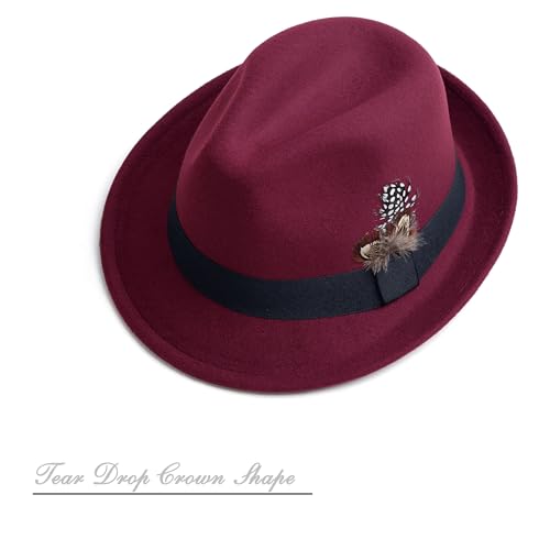 Short Brim Fedora Hat for Men Women Felt Trilby with Feather - color: Burgundy