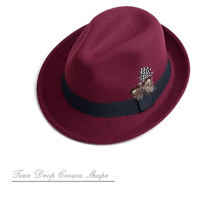Short Brim Fedora Hat for Men Women Felt Trilby with Feather - color: Burgundy