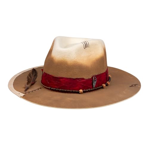 RUEDIGER Vintage Wide Brim Fedora Hats 100% Wool Stiff Felt Hat Rancher Hat with Lightning Logo Handmade Distressed/Burned - color: Warm Yellow, size: 7 1/8