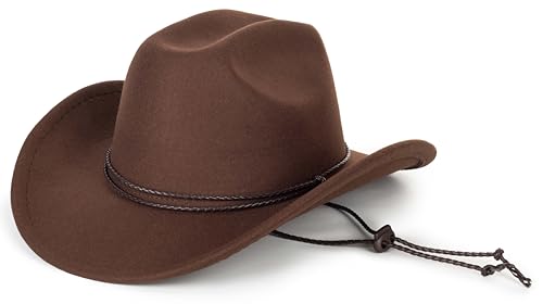 Western Felt Cowboy Cowgirl Hat - Wide Brim Panama Jazz Fedora Hat with Floral Engraved Buckle Belt Decoration 22.4" to 22.8" - color: Brownchin