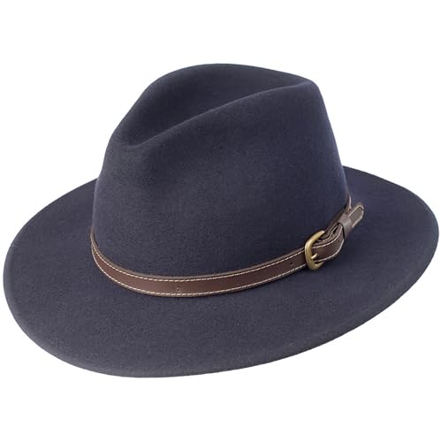 Bigalli Adventure Merino Wool Felt Fedora, for Men or Women, Crushable, Water-Resistant, UV Certified, Leather tirm | Outback - color: Navy, size: Medium