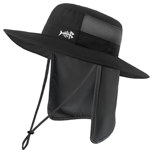 BASSDASH UPF 50+ Sun Fishing Hat Water Resistant with Detachable Neck Flap - color: Black