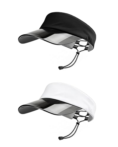 Transparent Sun Visor Hat for Women Men - UPF 50+ Clear Brim Adjustable Drawstring for Golf Tennis Pickleball - color: Black + White