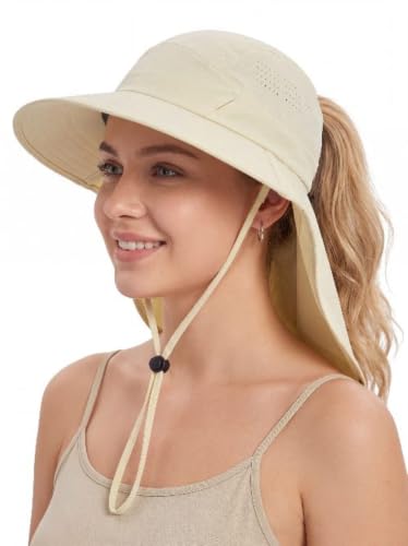 Connectyle UPF 50+ Sun Hat with Neck Flap Wide Brim Bucket Hats Breathable Fishing Hiking Gardening Safari Hat for Men Women - color: Khaki