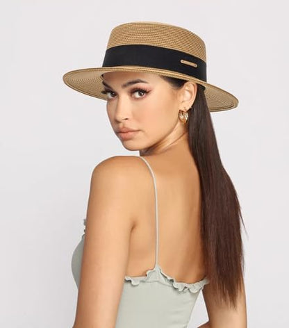 Straw Boater Summer Sun Hat - Wide Brim Fedora Panama Beach Hat for Women - color: Khaki10