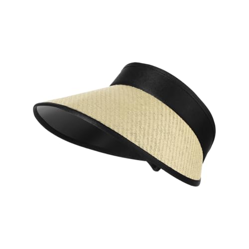 Women Straw Sun Visor Cap Summer Wide Brim Beach Cap Cycling UV Protection Sun Hat Ponytail Foldable Visor with Chin Strap - color: Beige