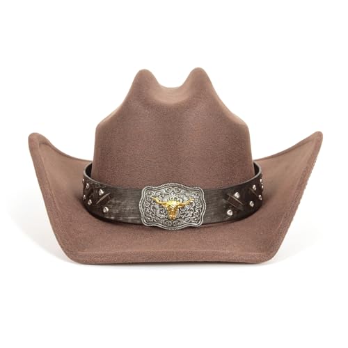Cowboy Hat for Men Women – Microfiber Faux Leather Western Hat, Medium Size (21.5-22.5 Inch Head Circumference) - color: Prh-brown-l