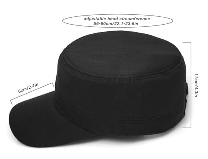Washed Cotton Flat Top Military Cap for Unisex - color: Black