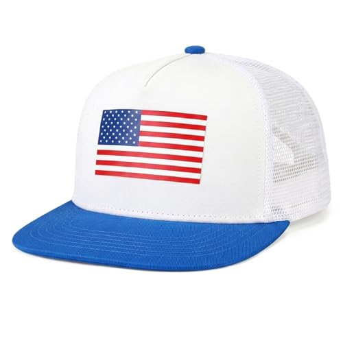 BROMZ Kids Youth American Flag Trucker Hat Flat Bill, Breathable Mesh Back Snapback Baseball Cap for Boys Girls 5-15 Years - color: White/Blue/Us Flag