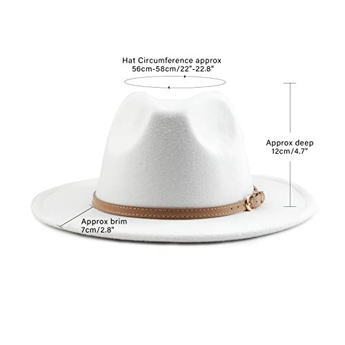 DRESHOW Women Classic Felt Fedora Wide Brim Floppy with Belt Buckle Panama Hat - color: White (Khaki Belt Buckle)