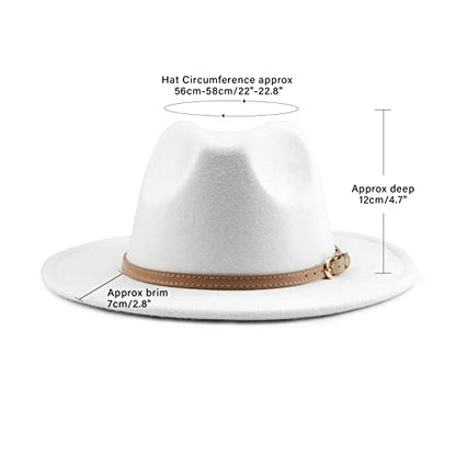 DRESHOW Women Classic Felt Fedora Wide Brim Floppy with Belt Buckle Panama Hat - color: White (Khaki Belt Buckle)
