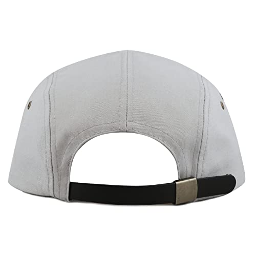 The Hat Depot Made in USA Cotton Twill 5 Panel Flat Brim Genuine Leather Brass Biker Board Cap - color: Grey