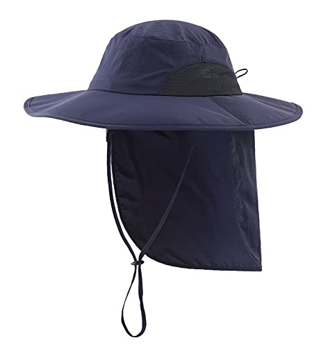 Home Prefer Outdoor UPF50+ Mens Sun Hat with Neck Flap Womens UV Protection Hat Wide Brim Safari Fishing Hiking Gardening Hat - color: Navy Blue