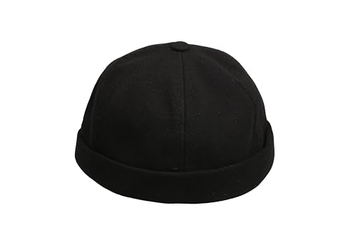 Cotton Docker Cap, Unisex Brimless Cap, Men Skull Cap, Brimless Beanie Hat, Men Women Cuffed Hat. - color: Black