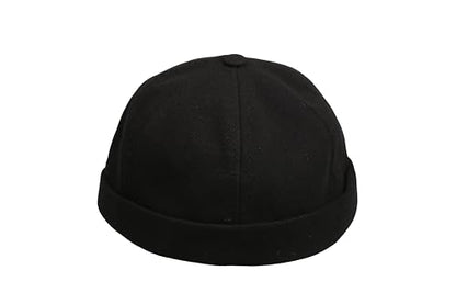 Cotton Docker Cap, Unisex Brimless Cap, Men Skull Cap, Brimless Beanie Hat, Men Women Cuffed Hat. - color: Black