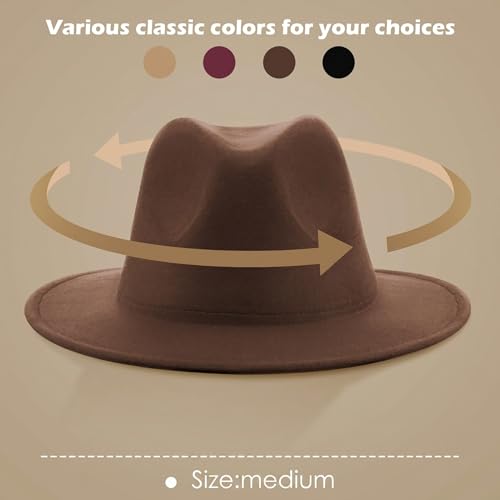 Funtery 4 Pcs Fedora Hats Adjustable Men Women Wide Brim Felt Hat Dress Panama Hat Two Tone Wide Brim with Buckle 22-22.8" - color: Black, Burgundy, Coffee, Khaki