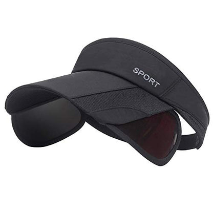 Summer Sun Visor Hat - Women Adjustable Golf Cap with Retractable Brim, UV Protection Beach/Tennis Sport Hat - color: Black