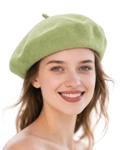 Wool French Beret Hats for Women Classic Winter Beanie Cap - color: Lime Green