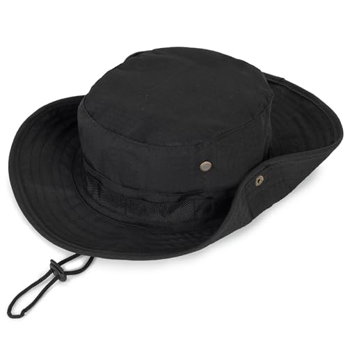 Cotton Fishing Bucket Hat Men Women Sun UV Protection Wind Chin Strap - color: Black - Wide Band