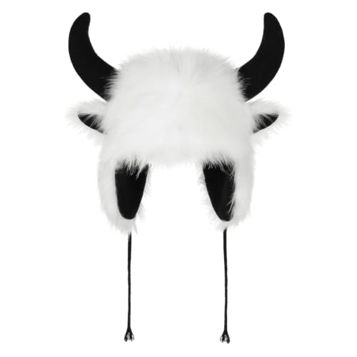 XGOPTS Winter Faux Fur Plush Hat with Horns Warm Animal Horn Ox Earflap Hat - color: White