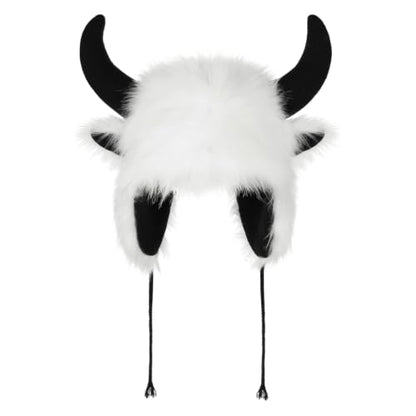 XGOPTS Winter Faux Fur Plush Hat with Horns Warm Animal Horn Ox Earflap Hat - color: White