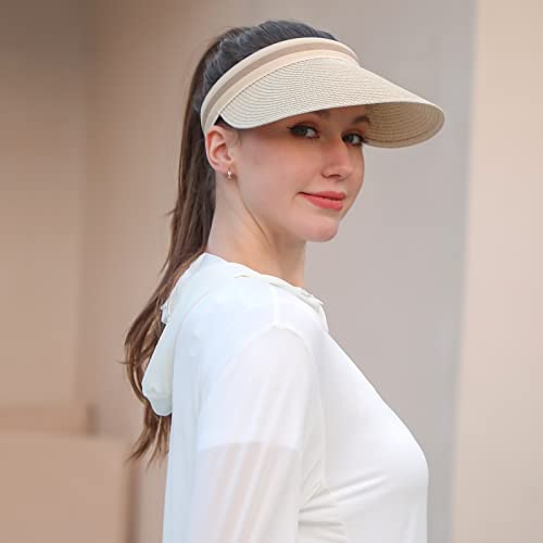 Women Summer Sun Hat Lady's Portable Beach Visor Bowknot Straw Hat - color: Beige4