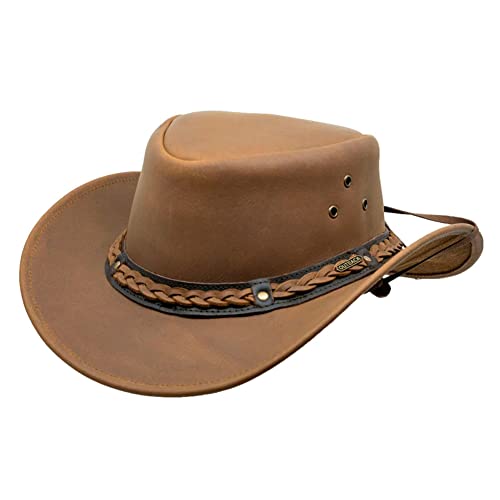 Outback Trading Men's 1367 Wagga UPF 50 Breathable Leather Western Hat with Adjustable Chin Cord with Braided Hatband - color: Tan, size: Small