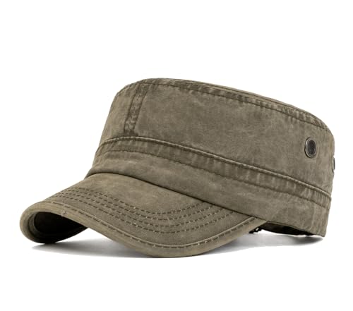 Military Cadet Army Cap for Men Women-Washed Cotton Vintage Adjustable Flat Top Baseball Hat - color: Washed Army Green