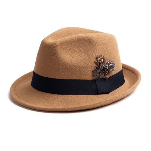 Short Brim Fedora Hat for Men Women Felt Trilby with Feather - color: Camel