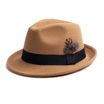 Short Brim Fedora Hat for Men Women Felt Trilby with Feather - color: Camel