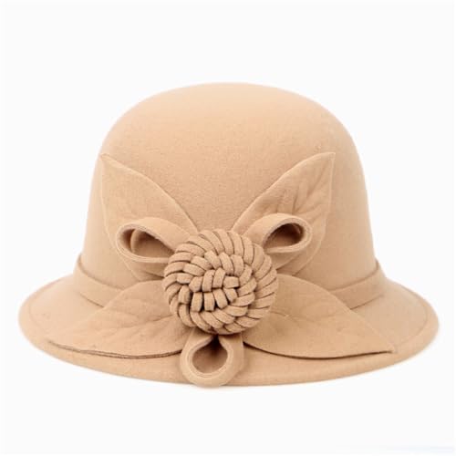 Woolen Cloche Hat for Women, Flower Winter Warm Bucket Cap - color: Camel