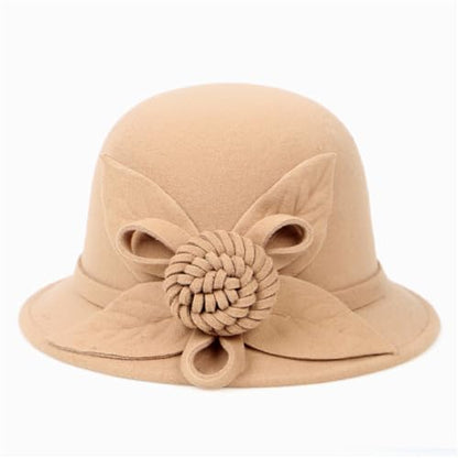 Woolen Cloche Hat for Women, Flower Winter Warm Bucket Cap - color: Camel